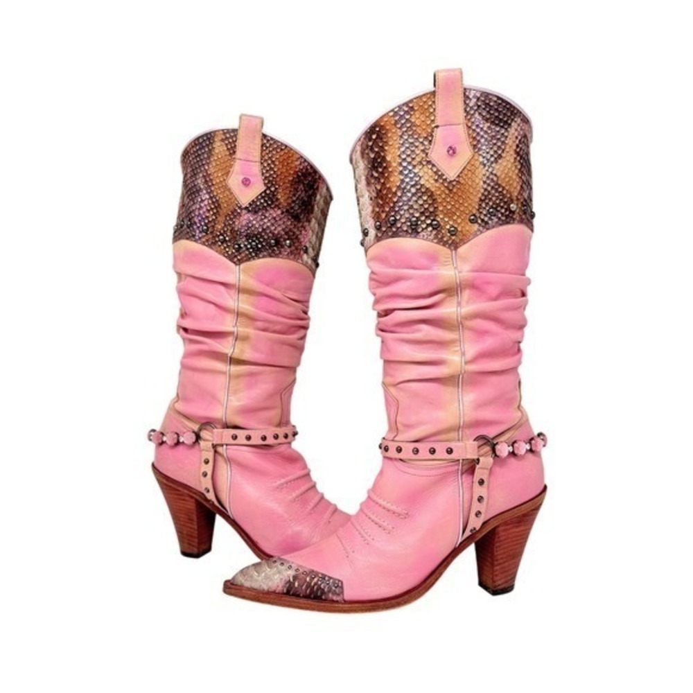 El Dantes Couture Pink Rhinestone Studded Western Boots Y2K Snakeskin EU 40 US 9